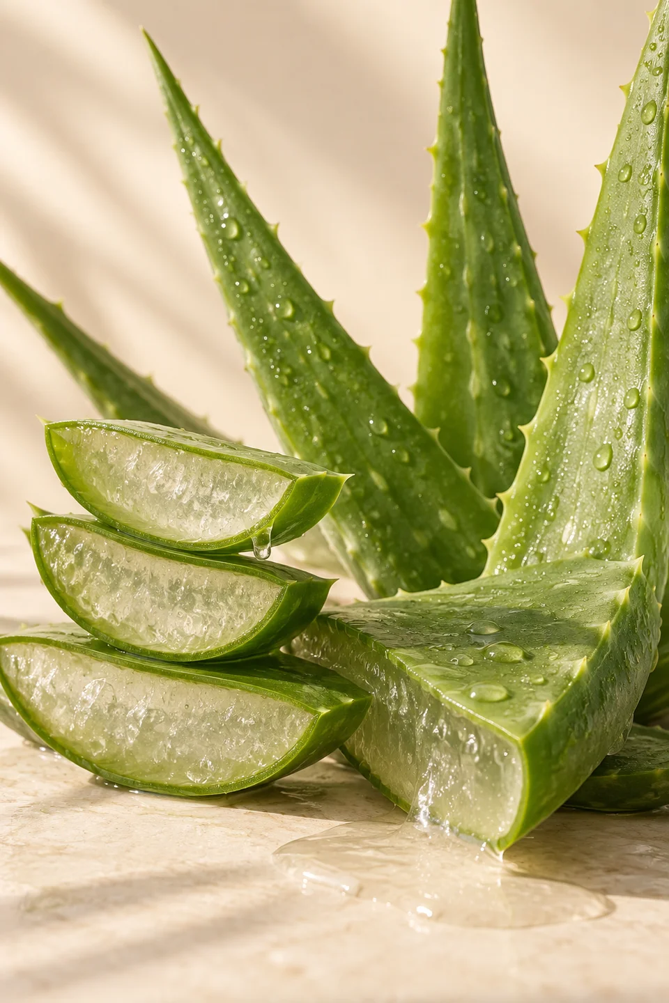Taze aloe vera yaprakları ve şeffaf jel