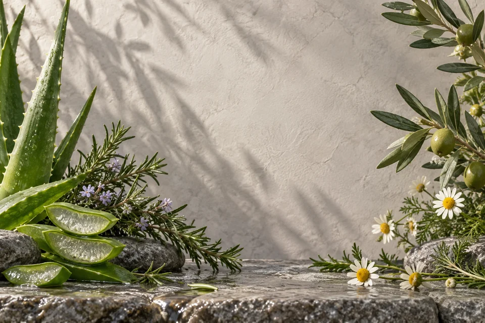Doğal taşlar üzerinde aloe vera, biberiye ve papatya