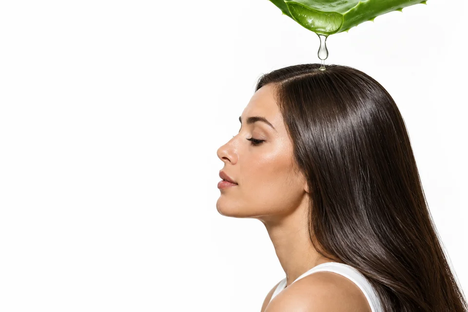 Parlak koyu saçlar ve aloe vera yaprağından süzülen bakım damlası