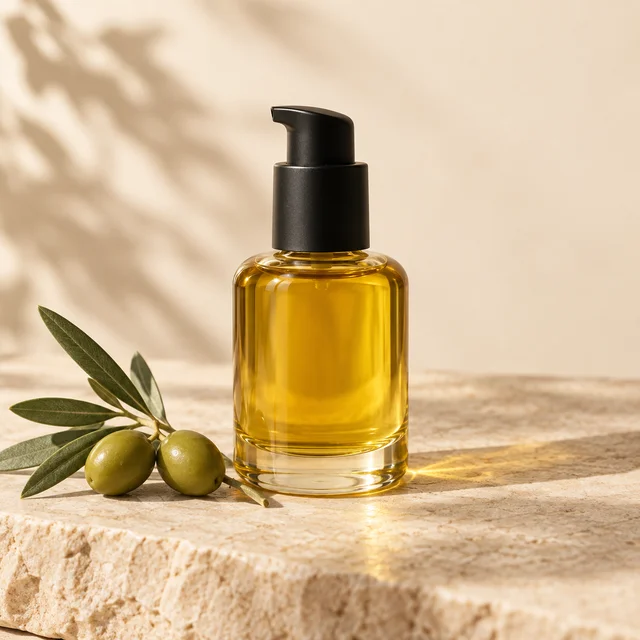 Zeytin dalı yanında altın renkli bakım yağı şişesi