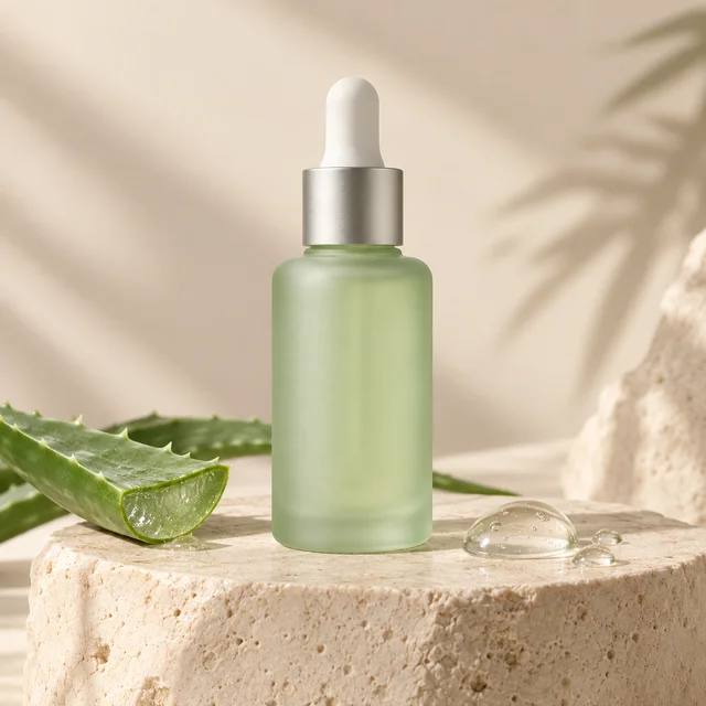 Aloe yaprakları yanında açık yeşil serum şişesi